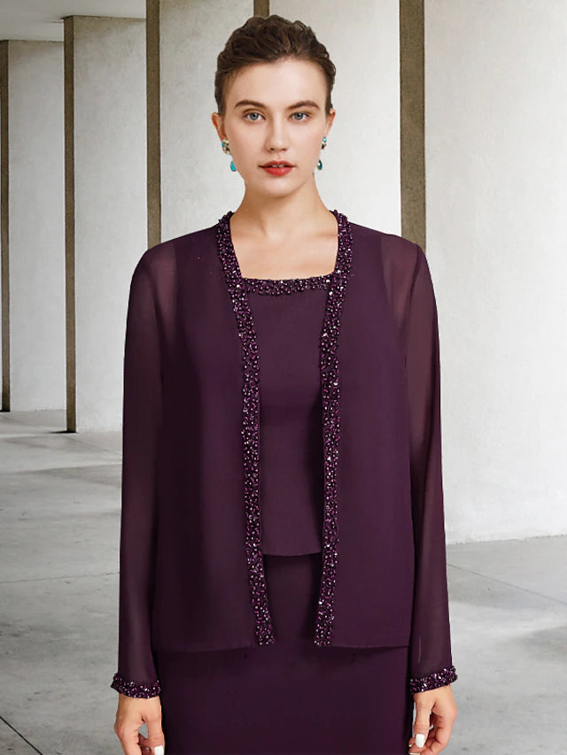 Luolandi Two Piece A-Line Mother of the Bride Dress Plus Size Elegant Square Neck Ankle Length Chiffon Sleeveless Wrap Included Jacket Dresses with Pearls Beading
