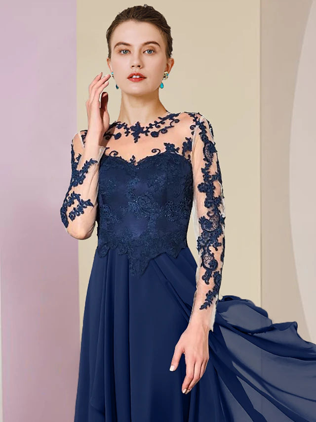 Luolandi A-Line Mother of the Bride Dress Formal Wedding Guest Elegant High Low Scoop Neck Asymmetrical Tea Length Chiffon Lace 3/4 Length Sleeve with Appliques
