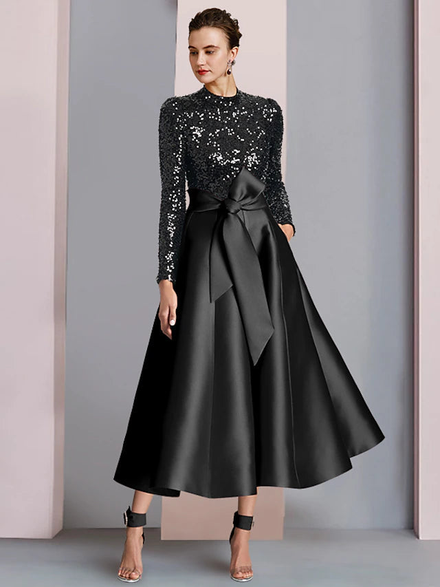 Luolandi A-Line Mother of the Bride Dress Wedding Guest Elegant Sparkle & Shine High Neck Tea Length Satin Sequined Long Sleeve with Bow(s)