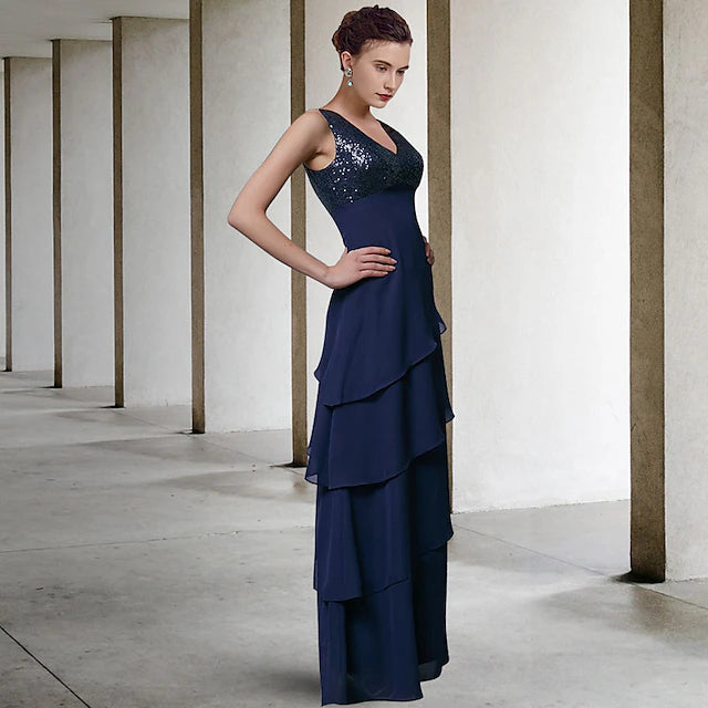 Luolandi A-Line Mother of the Bride Dress Elegant V Neck Floor Length Chiffon Sequined Sleeveless Wrap Included with Sequin