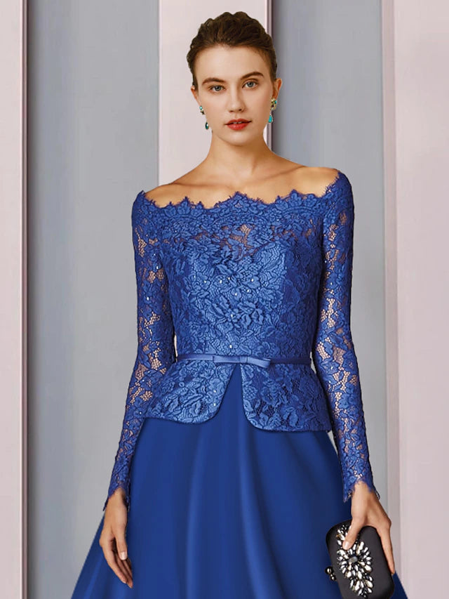 Luolandi A-Line Mother of the Bride Dress Formal Church Party Elegant Off Shoulder Tea Length Satin Lace Long Sleeve