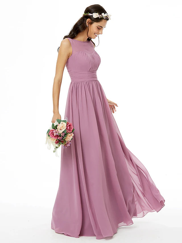 Luolandi A-Line Bridesmaid Dress Jewel Neck Sleeveless Open Back Floor Length Chiffon with Sash / Ribbon / Pleats