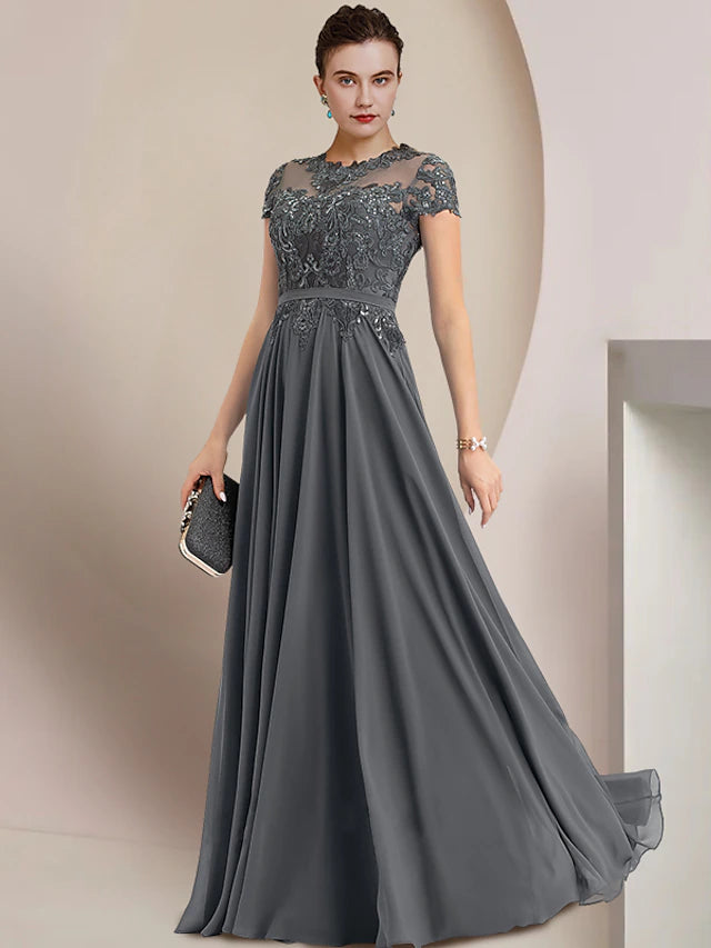 Luolandi Sheath / Column Mother of the Bride Dress Wedding Guest Party Elegant Jewel Neck Floor Length Chiffon Lace Short Sleeve with Pleats