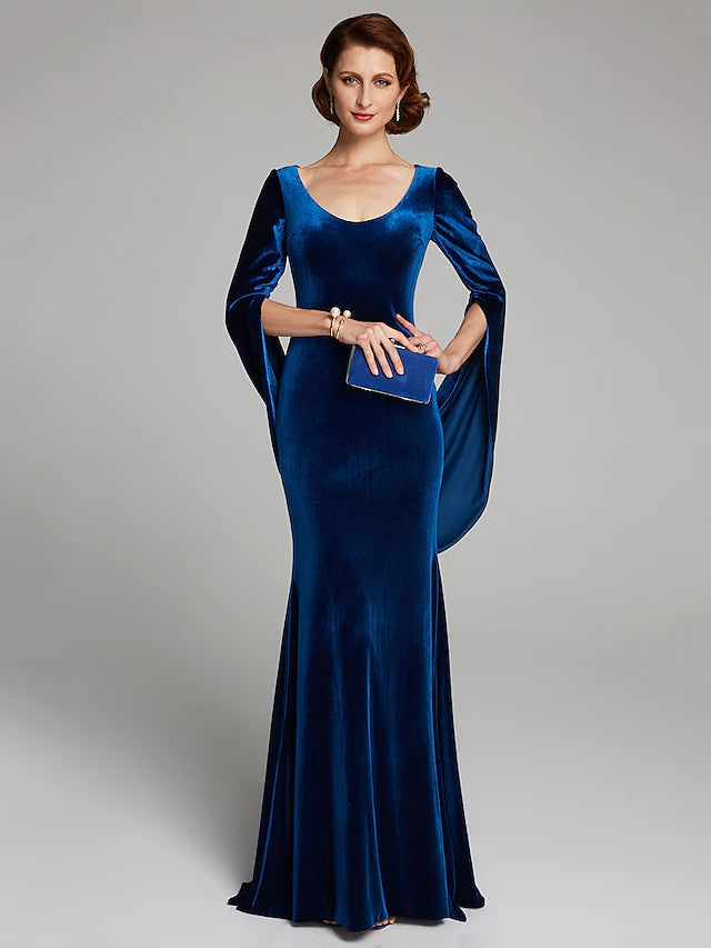 Luolandi Mermaid / Trumpet Mother of the Bride Dress Vintage Plus Size Sexy Scoop Neck Sweep / Brush Train Velvet Long Sleeve