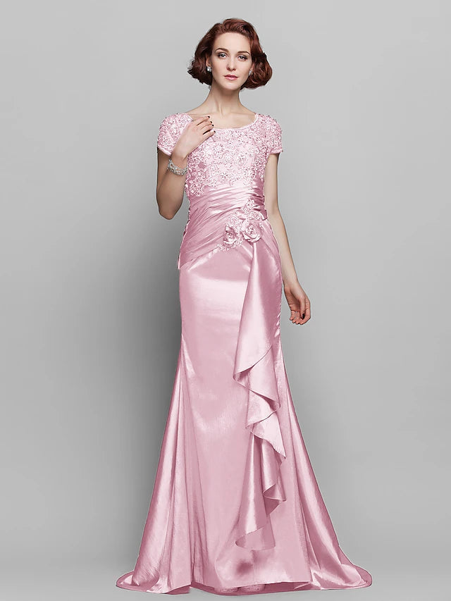 Luolandi Mermaid / Trumpet Mother of the Bride Dress Scoop Neck Sweep / Brush Train Taffeta Beaded Lace Short Sleeve