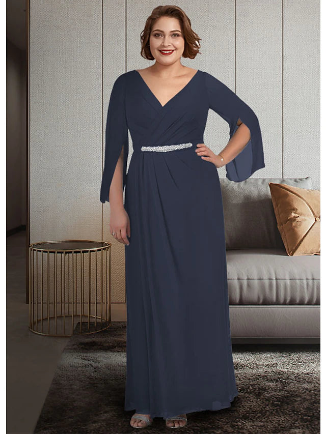 Luolandi A-Line Mother of the Bride Dress Plus Size Elegant V Neck Ankle Length Chiffon 3/4 Length Sleeve with Sash / Ribbon