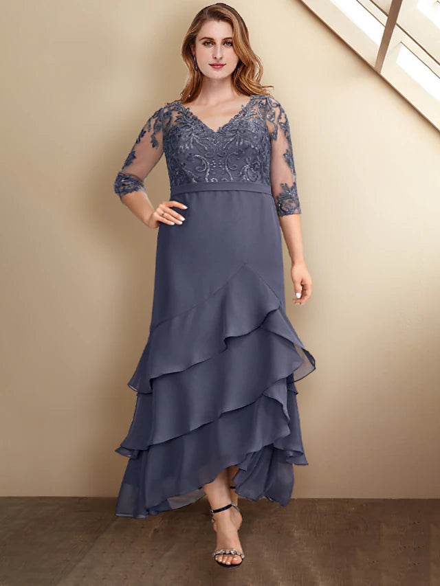 Luolandi A-Line Plus Size Curve Mother of the Bride Dresses Elegant Dress Formal Ankle Length Half Sleeve V Neck Chiffon with Appliques