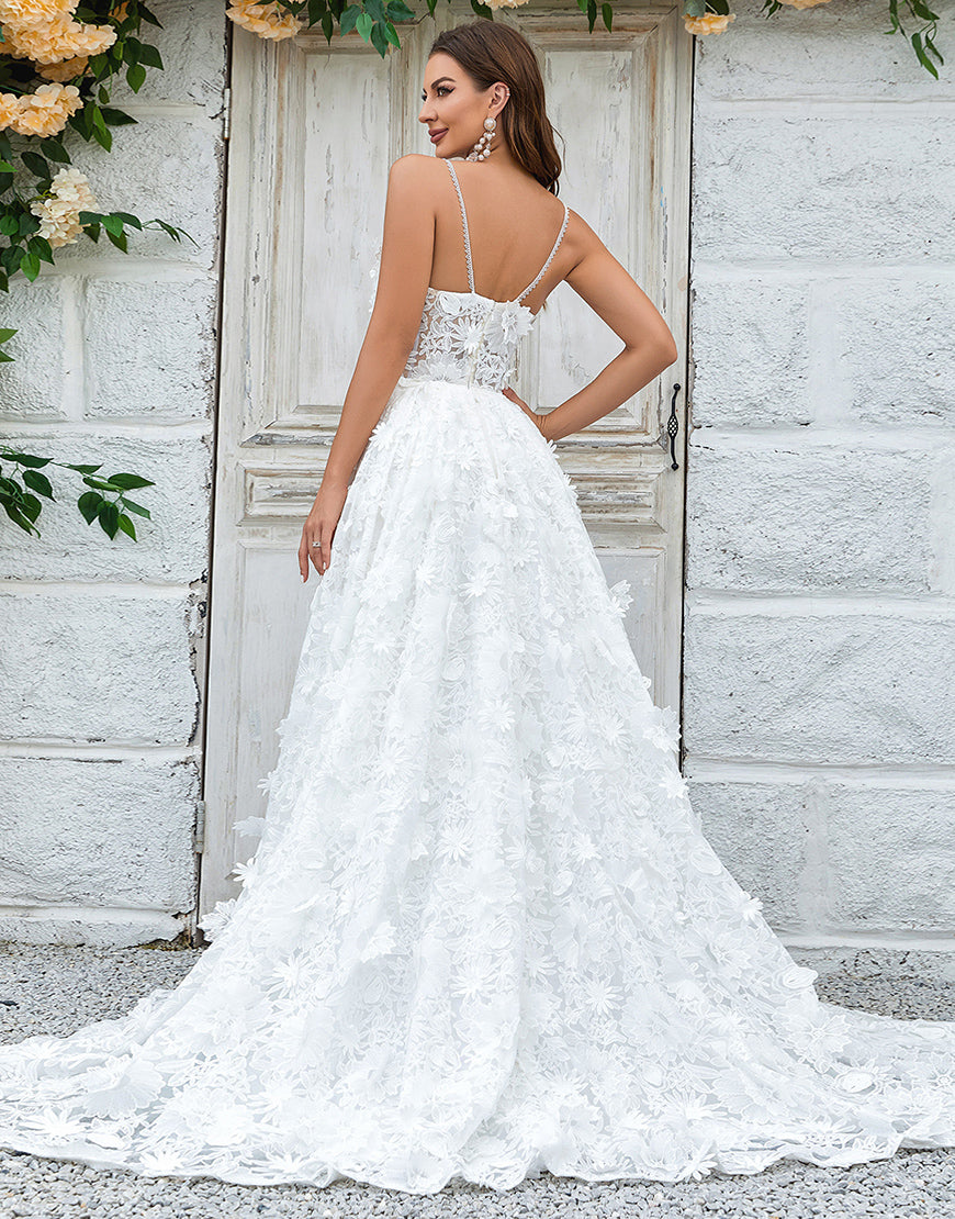 Luolandi Ivory Floral Lace Sweep Train Wedding Dress With Flowers Beautiful