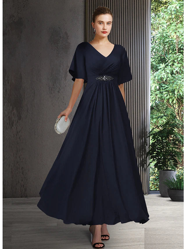 Luolandi A-Line Mother of the Bride Dress Elegant V Neck Ankle Length Chiffon Half Sleeve with Pleats Crystal