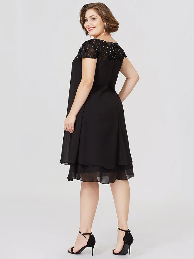 Luolandi Sheath / Column Mother of the Bride Dress Formal Little Black Dress Plus Size See Through Jewel Neck Knee Length Chiffon Lace Short Sleeve No with Pleats Beading