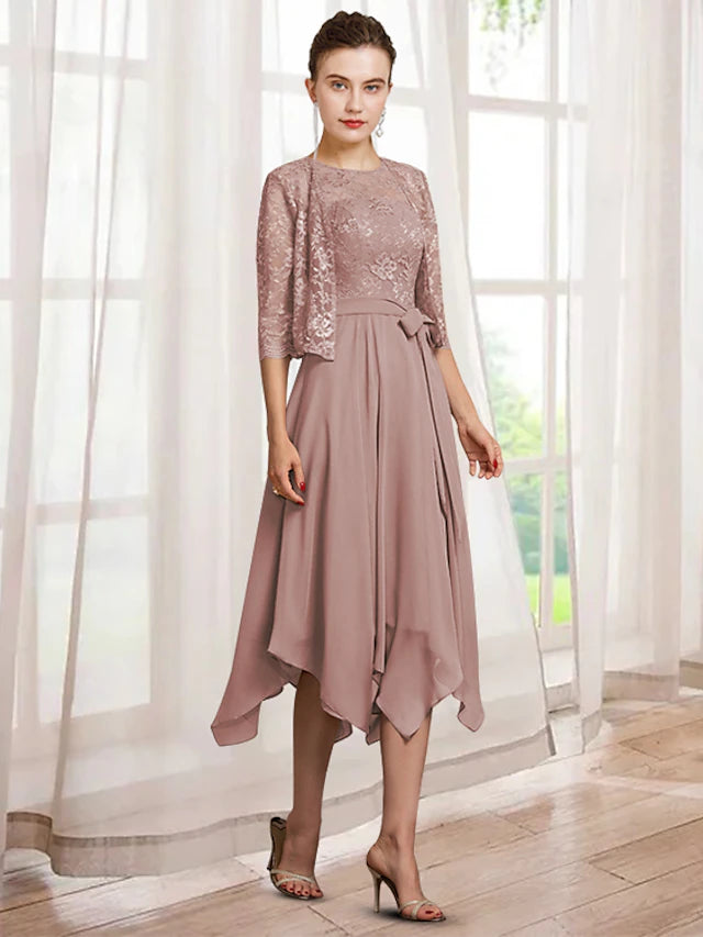 Luolandi Two Piece A-Line Mother of the Bride Dress Elegant Jewel Neck Tea Length Chiffon Lace Half Sleeve Wrap Included