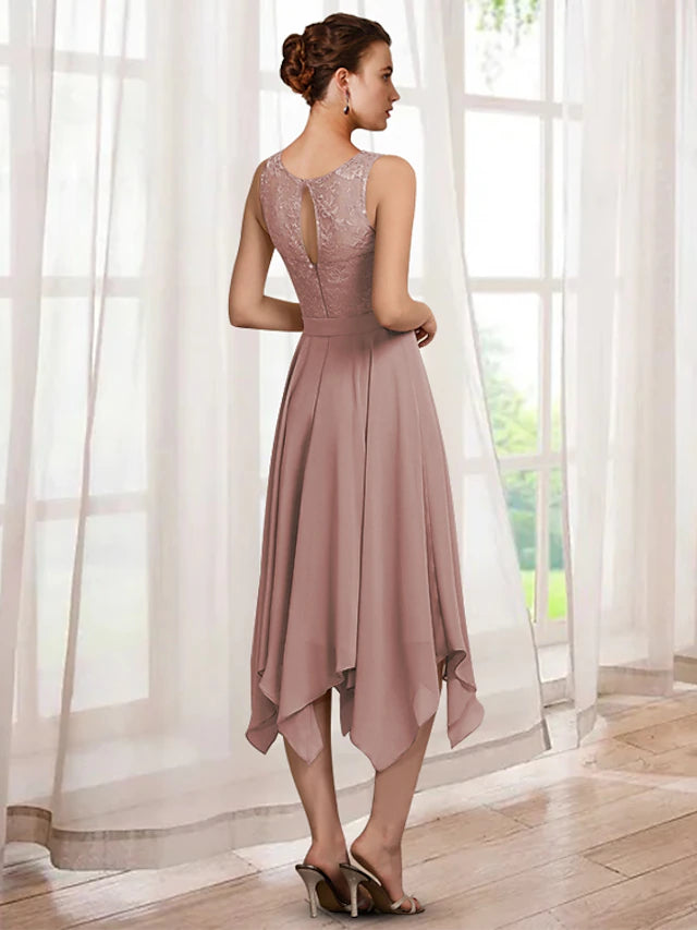 Luolandi Two Piece A-Line Mother of the Bride Dress Elegant Jewel Neck Tea Length Chiffon Lace Half Sleeve Wrap Included