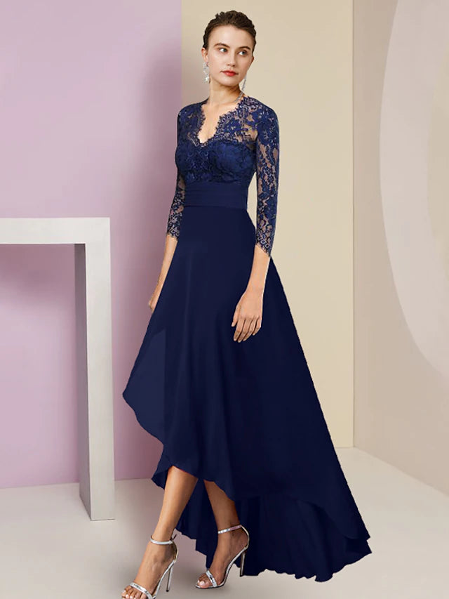 Luolandi A-Line Mother of the Bride Dress Formal Wedding Guest Elegant High Low V Neck Asymmetrical Tea Length Chiffon Lace 3/4 Length Sleeve