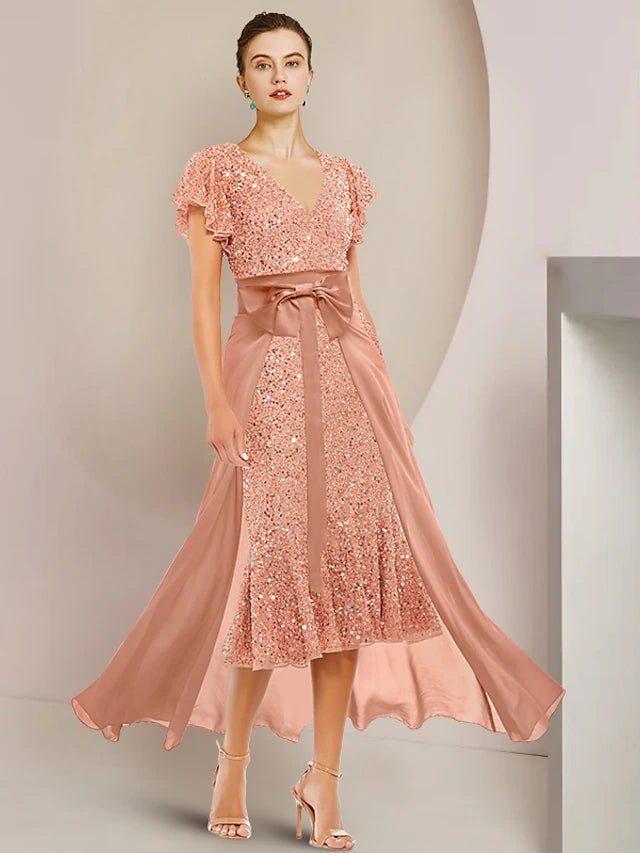 Luolandi Two Piece A-Line Mother of the Bride Dress Formal Wedding Guest Sparkle & Shine Elegant V Neck Tea Length Lace Sequined Short Sleeve with Bow(s)