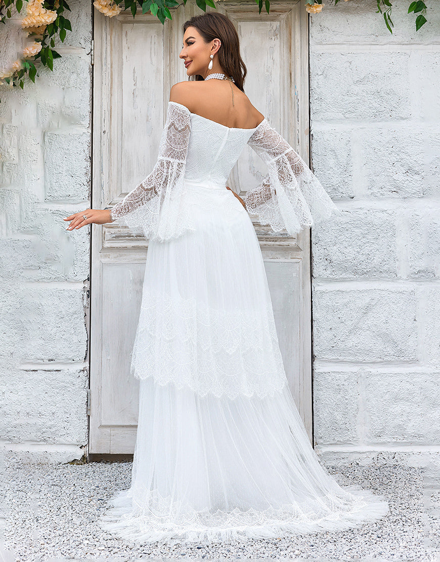 Luolandi Ivory Sweep Train Flare Sleeves Wedding Dress Off Shoulder Floor Length