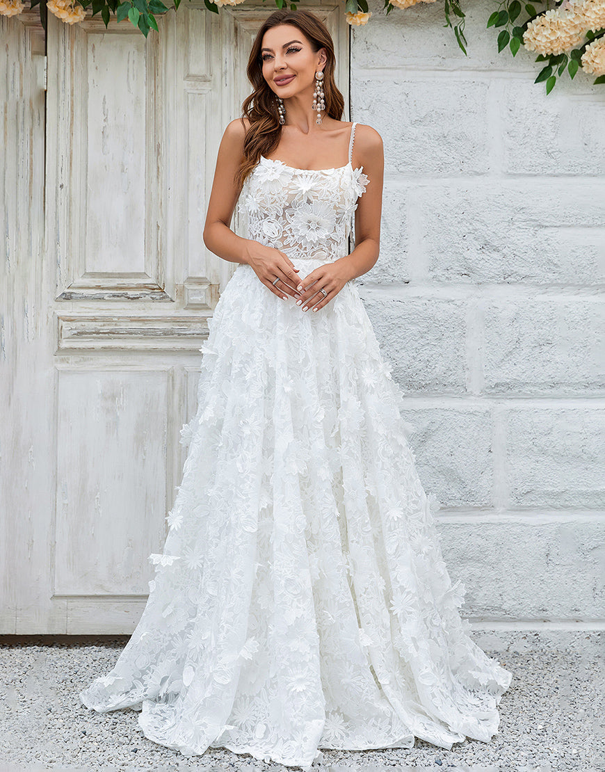 Luolandi Ivory Floral Lace Sweep Train Wedding Dress With Flowers Beautiful