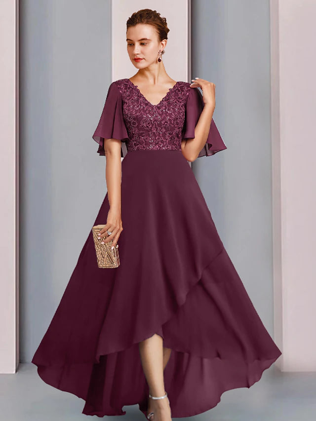 Luolandi Sheath / Column Mother of the Bride Dress Wedding Guest Party Elegant V Neck Asymmetrical Chiffon Lace Half Sleeve with Pleats