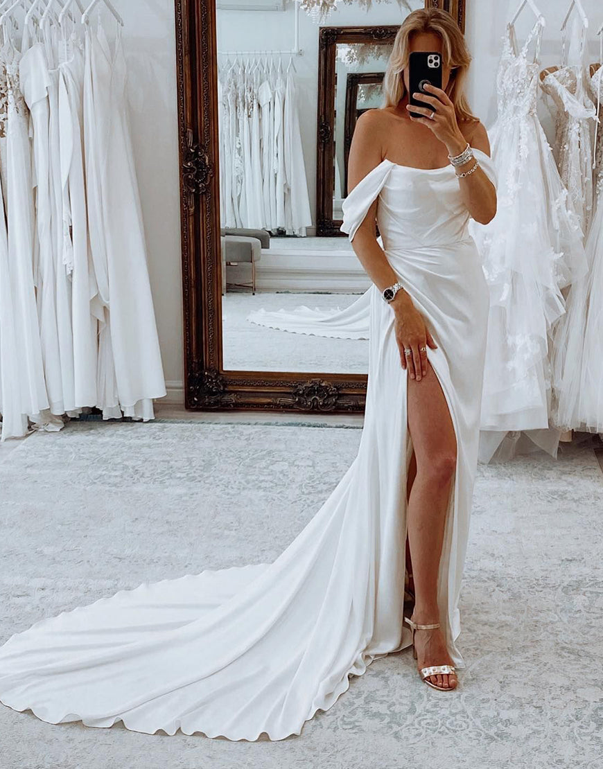 Luolandi Simple Long Boho Mermaid Wedding Dress with Slit Off Shoulder Sexy
