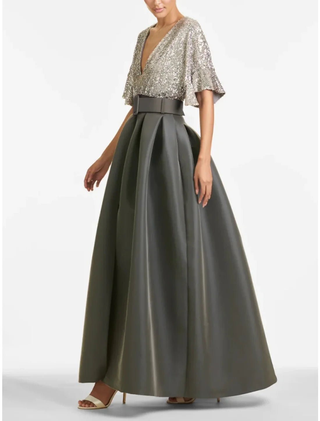 Luolandi A-Line Evening Gown Sparkle & Shine Dress Formal Wedding Guest Ankle Length Half Sleeve V Neck Satin with Glitter Pleats Sexy