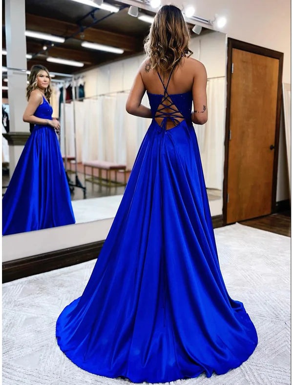 Luolandi A-Line Prom Dresses Empire Dress Formal Wedding Guest Court Train Sleeveless V Neck Satin Backless With Slit