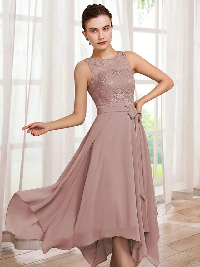 Luolandi Two Piece A-Line Mother of the Bride Dress Elegant Jewel Neck Tea Length Chiffon Lace Half Sleeve Wrap Included