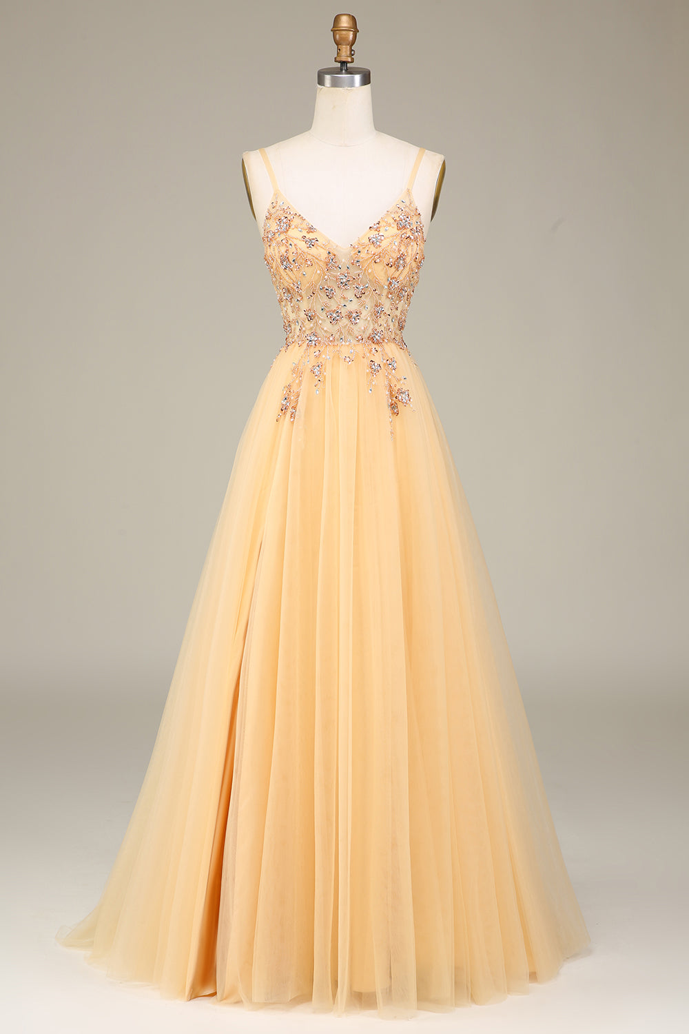 Luolandi Charming Golden A Line Spaghetti Straps Long Prom Dress With Beading And Slit