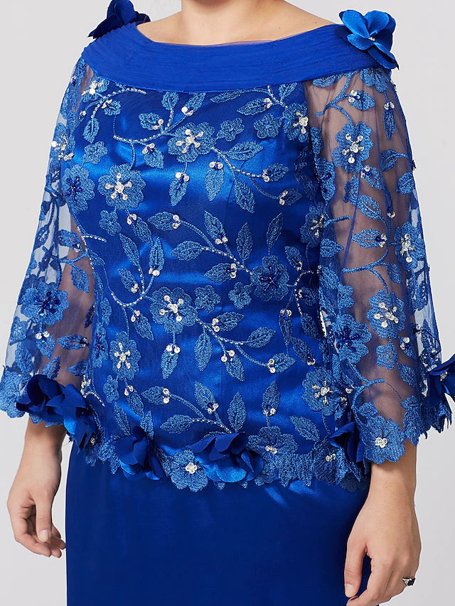 Luolandi Mermaid / Trumpet Mother of the Bride Dress Formal Plus Size Elegant Bateau Neck Sweep / Brush Train Lace Over Charmeuse Long Sleeves