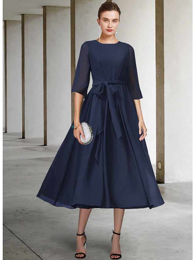 Luolandi A-Line Mother of the Bride Dress Elegant Jewel Neck Tea Length Chiffon Half Sleeve with Sash / Ribbon Bow(s)