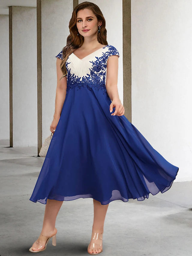 Luolandi A-Line Plus Size Curve Mother of the Bride Dresses Color Block Dress Formal Tea Length Sleeveless V Neck Chiffon with Appliques