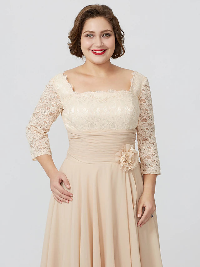 Luolandi Ball Gown A-Line Mother of the Bride Dress Formal Plus Size Elegant V Neck Floor Length Chiffon Sheer Lace 3/4 Length Sleeve with Appliques