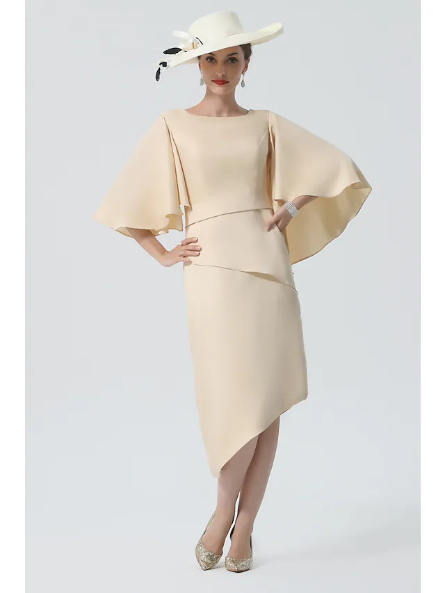 Luolandi Mother of the Bride Dress Elegant Jewel Neck Knee Length Charmeuse Half Sleeve with Tier Pure Color