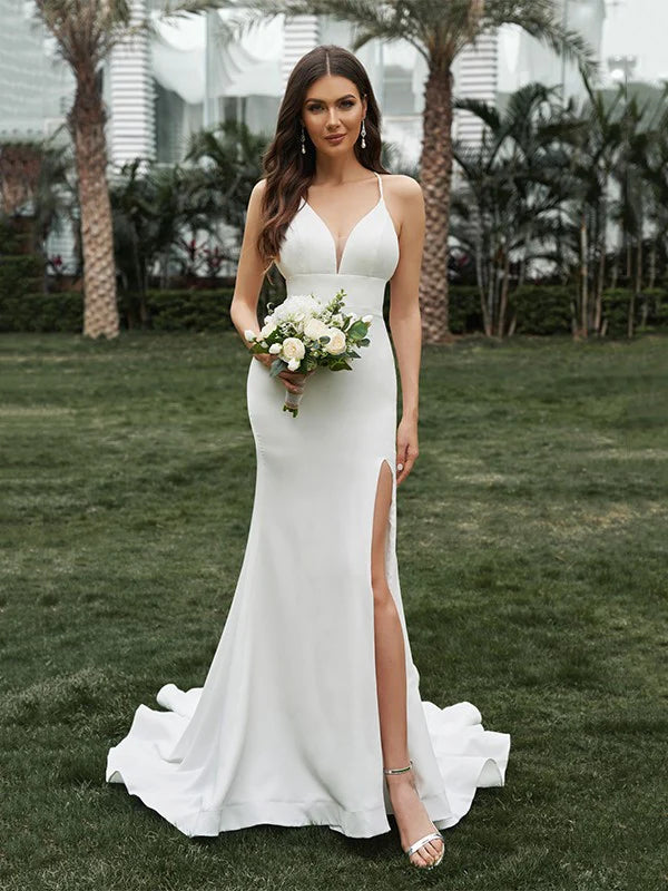 Luolandi Sheath/Column Crepe Ruffles Halter Sleeveless Sweep/Brush Train Wedding Dresses With Slit