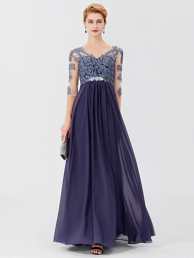 Luolandi Ball Gown A-Line Mother of the Bride Dress Formal Plus Size Elegant V Neck Floor Length Chiffon Sheer Lace 3/4 Length Sleeve with Appliques