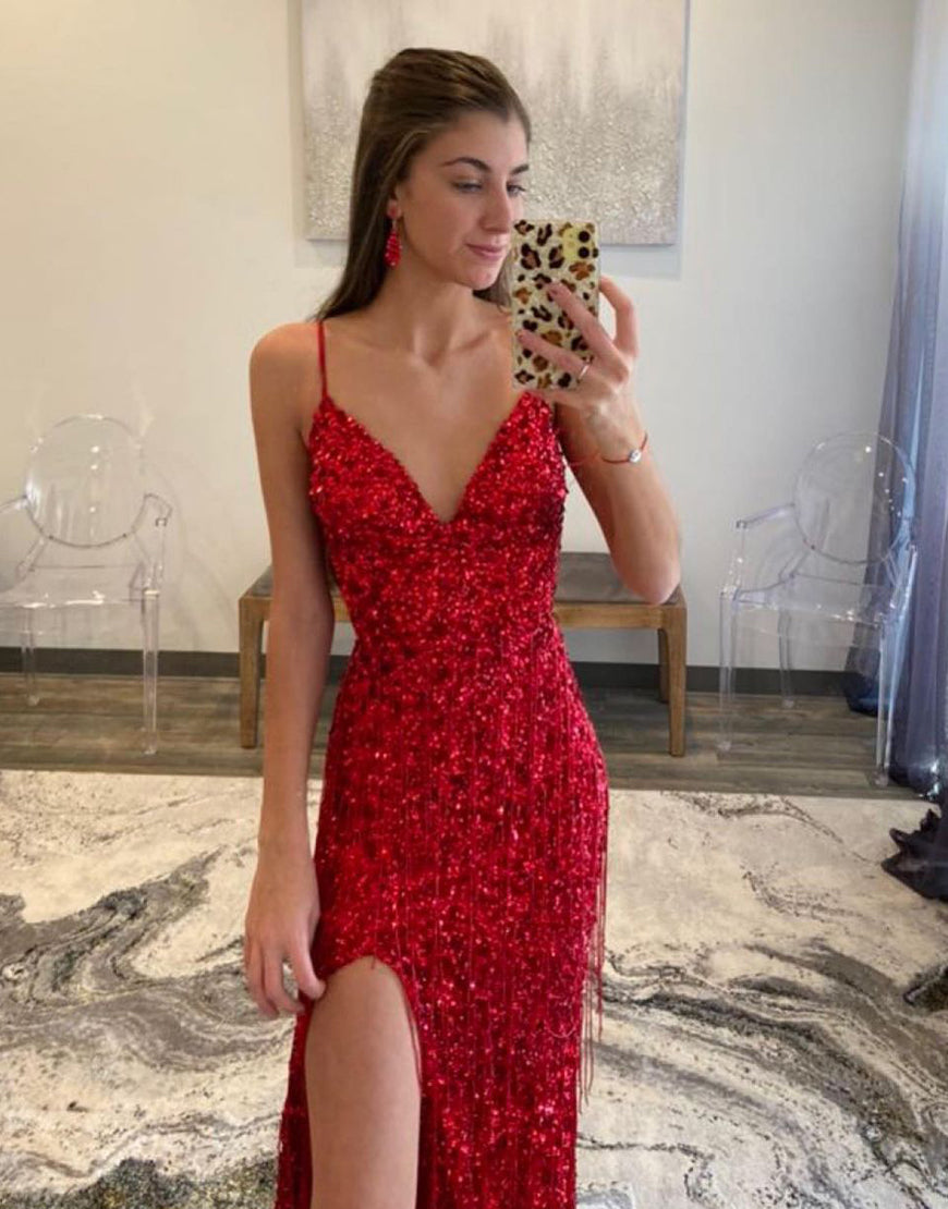 Luolandi Sexy Glitter Prom Dress With Sequins V-neck With Slit Sparkly Evening Dress