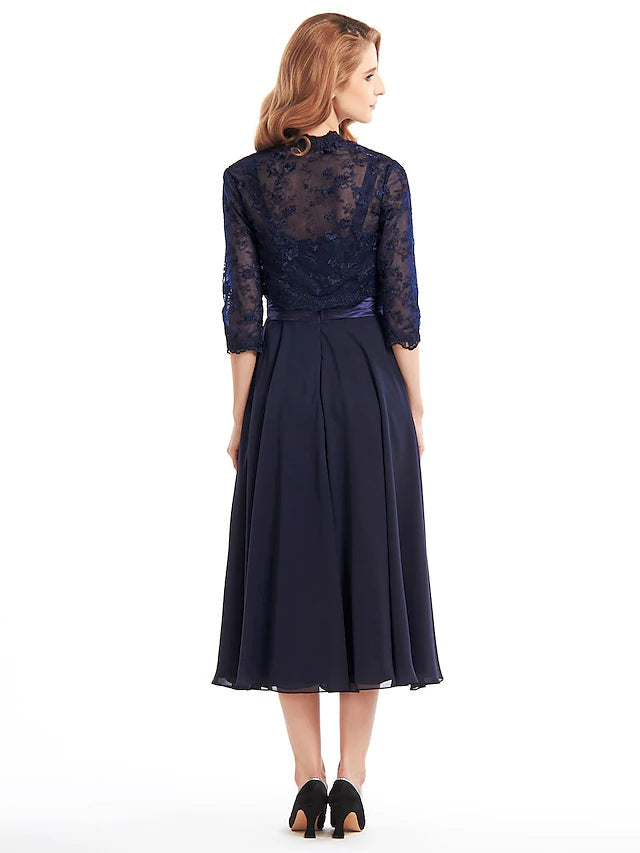 Luolandi A-Line Mother of the Bride Dress Convertible Dress V Neck Tea Length Chiffon Corded Lace Sleeveless with Lace