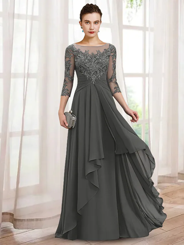 Luolandi A-Line Mother of the Bride Dress Elegant V Neck Floor Length Chiffon Lace Length Sleeve with Appliques