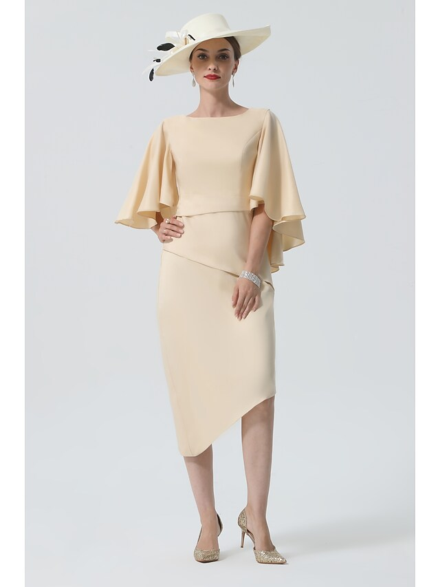 Luolandi Mother of the Bride Dress Elegant Jewel Neck Knee Length Charmeuse Half Sleeve with Tier Pure Color