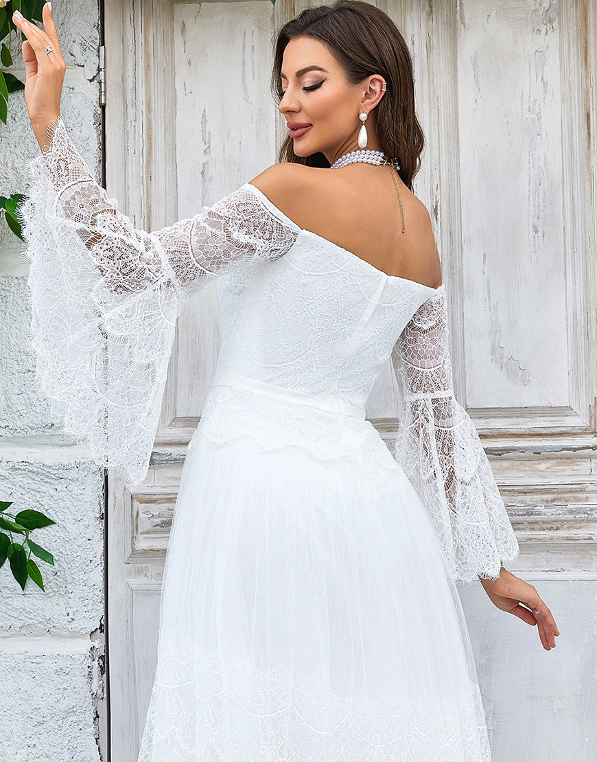 Luolandi Ivory Sweep Train Flare Sleeves Wedding Dress Off Shoulder Floor Length