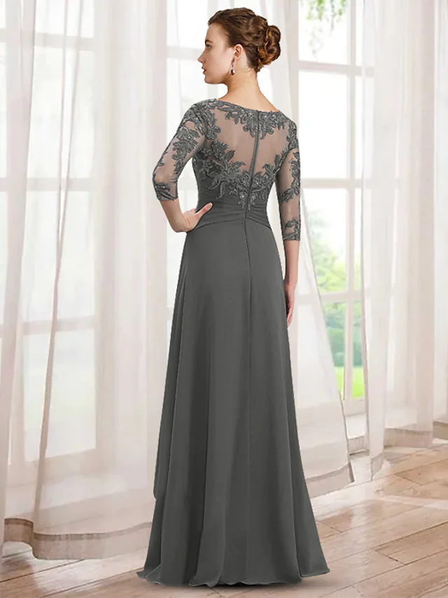 Luolandi A-Line Mother of the Bride Dress Elegant V Neck Floor Length Chiffon Lace Length Sleeve with Appliques