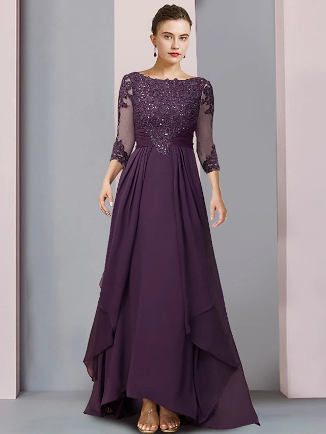Luolandi Sheath / Column Mother of the Bride Dress Formal Party Elegant Scoop Neck Asymmetrical Chiffon Lace 3/4 Length Sleeve with Pleats