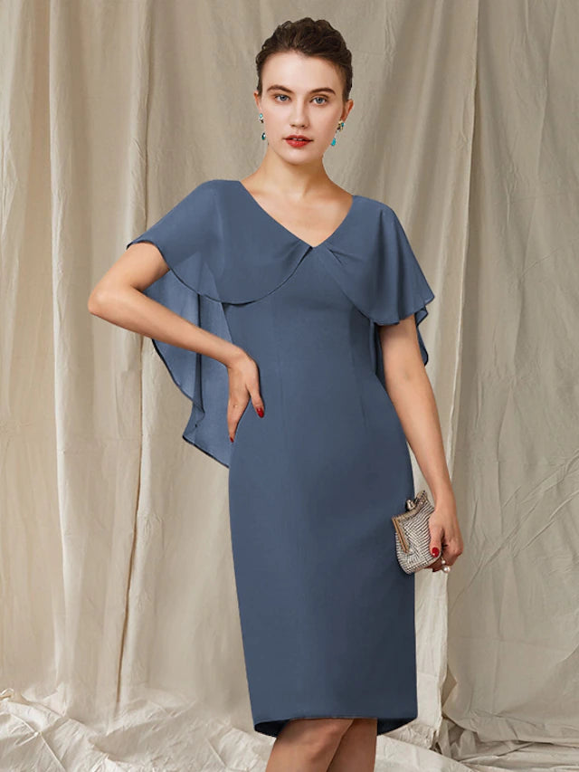 Luolandi Sheath / Column Mother of the Bride Dress Simple Elegant V Neck Knee Length Chiffon Short Sleeve