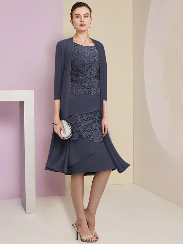 Luolandi Two Piece Sheath / Column Mother of the Bride Dress Formal Wedding Guest Vintage Elegant Scoop Neck Jewel Neck Knee Length Chiffon Lace Short Sleeve Jacket Dresses