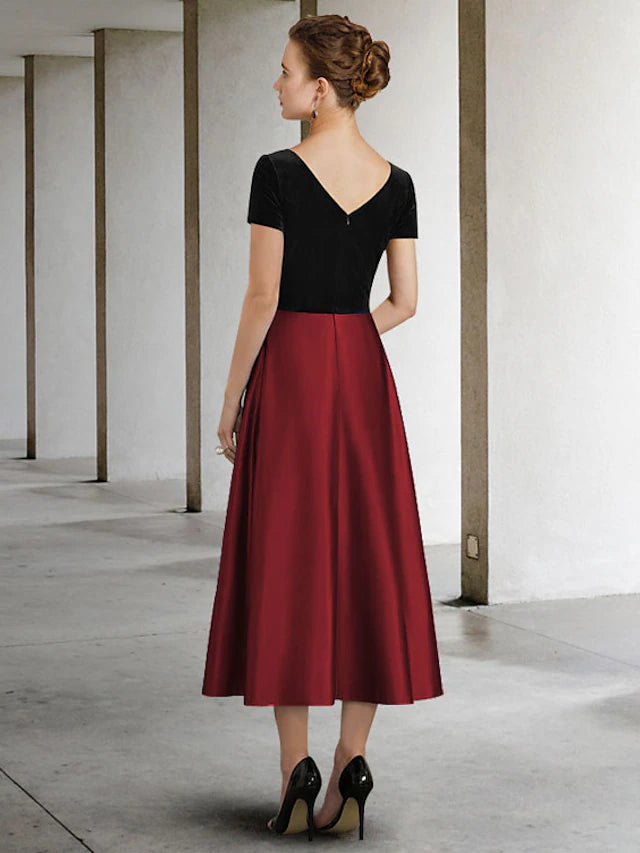 Luolandi A-Line Mother of the Bride Dress Elegant Jewel Neck Tea Length Satin Velvet Short Sleeve with Pleats