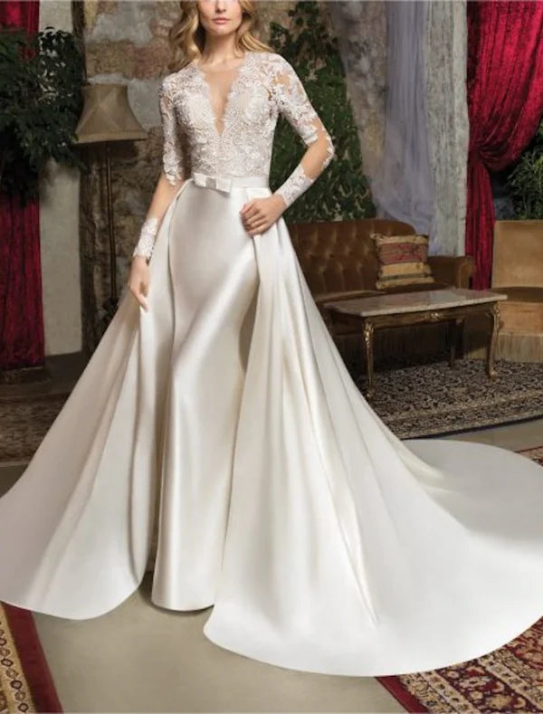 Luolandi Formal Wedding Dresses Two Piece V Neck Long Sleeve Floor Length Lace OverSkirts Bridal Gowns with Appliques Elegant