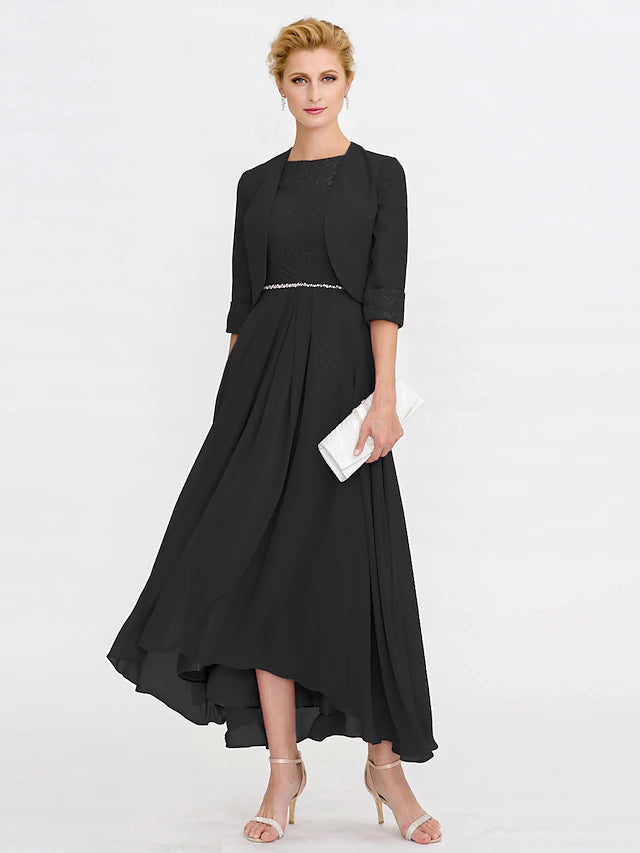 Luolandi Two Piece Ball Gown A-Line Mother of the Bride Dress Formal Church Convertible Dress High Low See Through Illusion Neck Asymmetrical Chiffon Lace 3/4 Length Sleeve