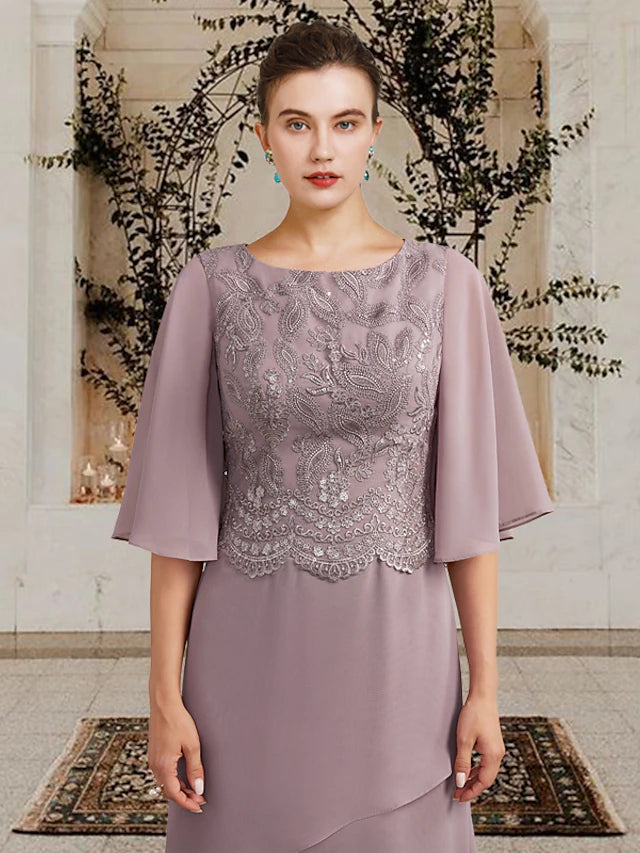 Luolandi Sheath / Column Mother of the Bride Dress Plus Size Elegant Jewel Neck Floor Length Chiffon Lace Short Sleeve with Ruffles