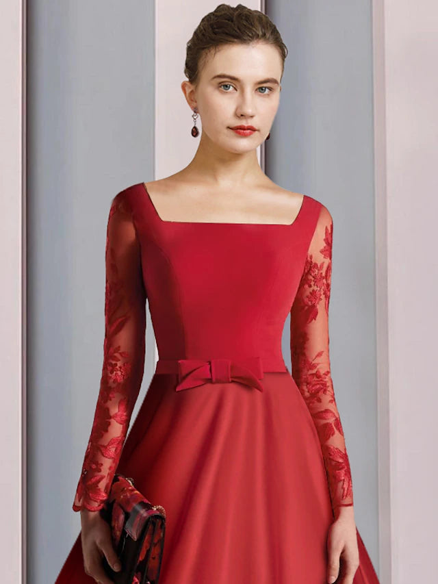 Luolandi A-Line Mother of the Bride Dress Formal Wedding Guest Vintage Elegant Square Neck Tea Length Satin Lace Fabric Long Sleeve with Bow(s)