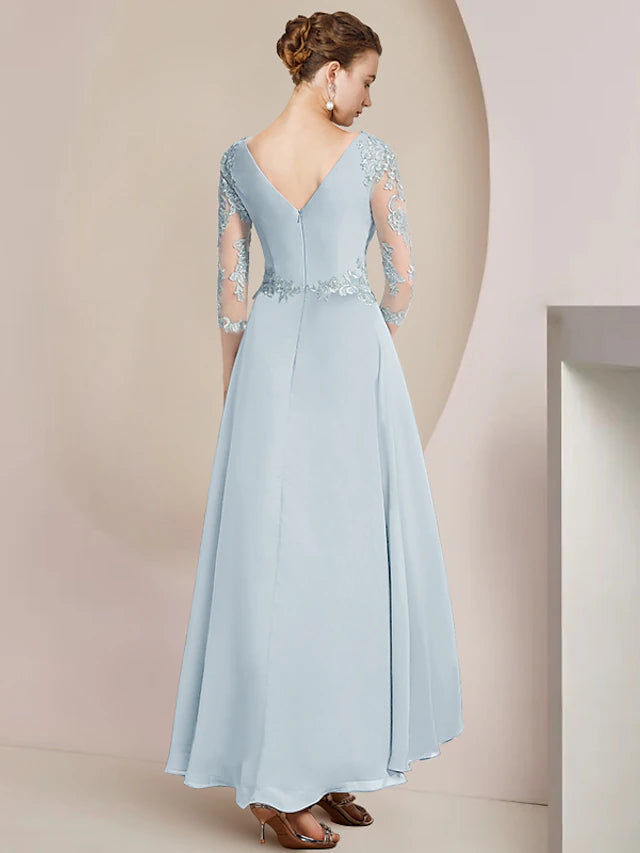 Luolandi A-Line Mother of the Bride Dress Party Elegant V Neck Asymmetrical Lace Chiffon 3/4 Length Sleeve with Pleats