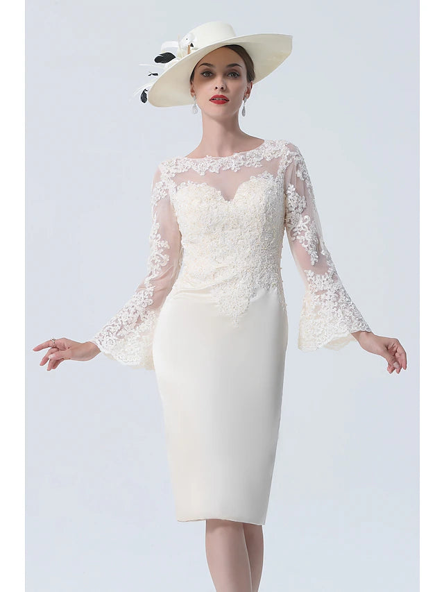 Luolandi Sheath / Column Mother of the Bride Dress Formal Wedding Guest Elegant detachable Scoop Neck Knee Length Chiffon Lace Sleeveless