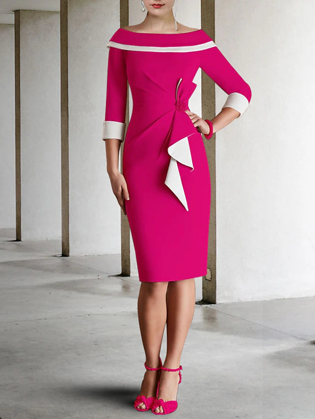 Luolandi Sheath / Column Mother of the Bride Dress Vintage Elegant Off Shoulder Knee Length Fabric 3/4 Length Sleeve with Bow(s)